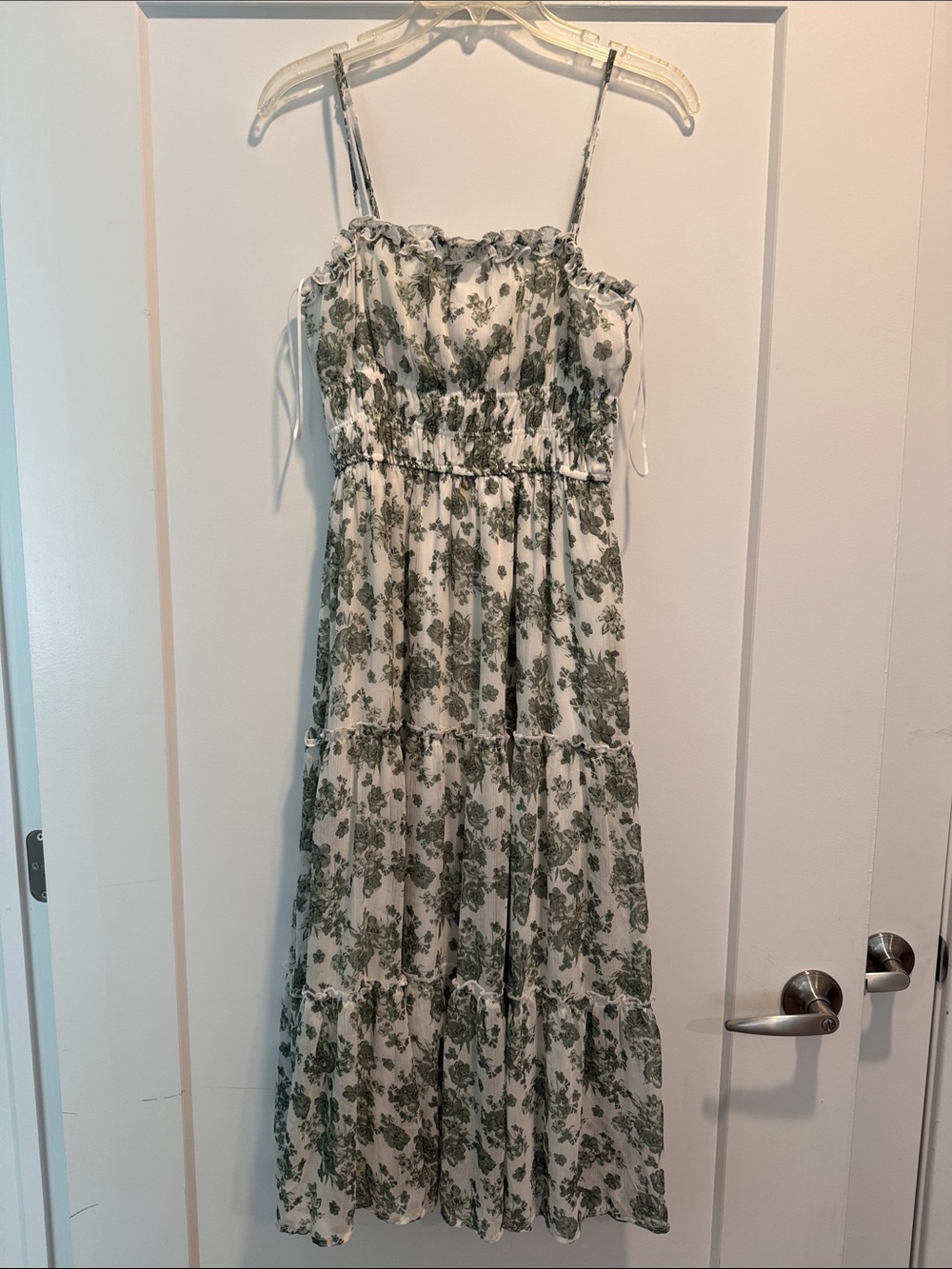 Francesca's Collections White Maxi Dress with Green Floral Print